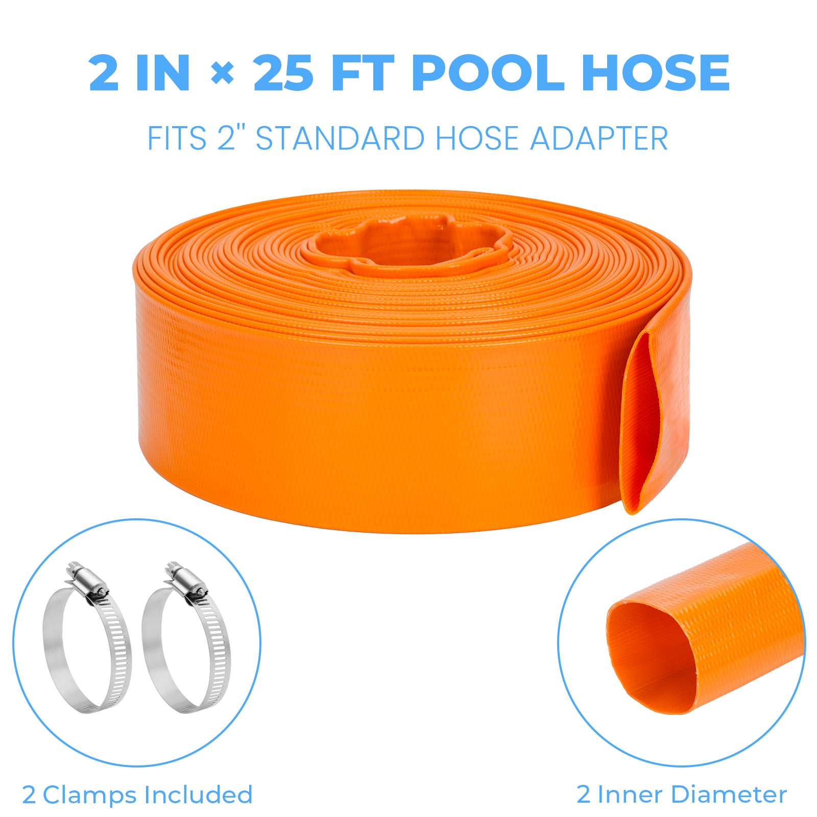 Pool Backwash Hose - Heavy Duty Burst Resistant PVC Pool Pump Hose for Inground Pools, Sump Pump Discharge & Filter Drainage, with Clamp (Orange)