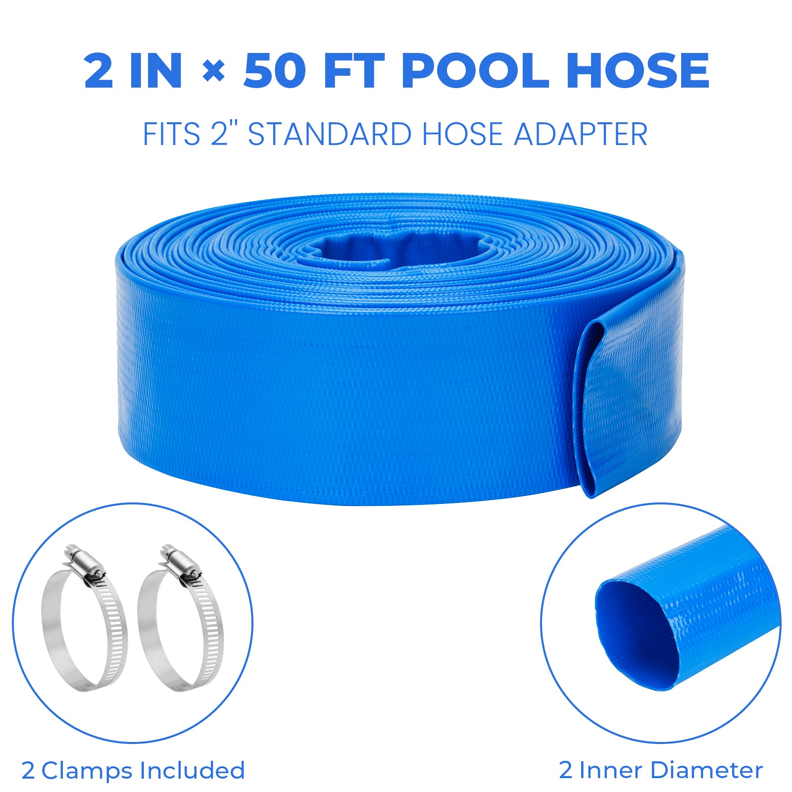 Pool Backwash Hose - Heavy Duty Burst Resistant PVC Pump Hose for Inground Pools, Sump Pump Discharge & Filter Drainage，with Clamp Blue