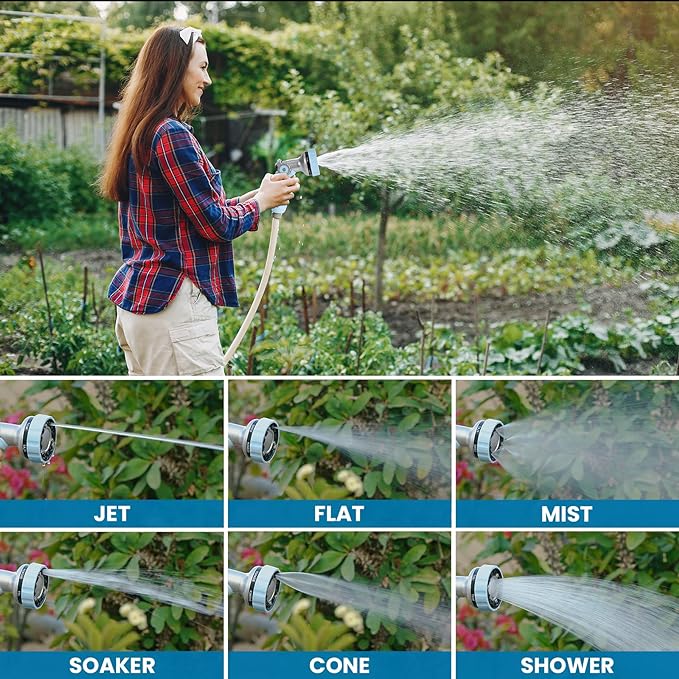 Garden Hose Nozzle Heavy Duty Water Nozzle with Thumb Control On Off Valve, 6 Adjustable Spray Watering Patterns Comfortable Ergonomic Handle for Watering Plants, Washing Car, Cleaning