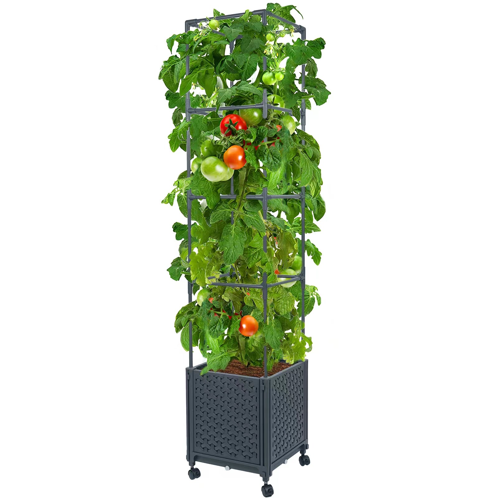 LINEX Raised Garden Bed Planter Box with Trellis,  Tomato Planters for Climbing Plants Vegetable Vine Flowers Outdoor Patio, Tomatoes Cage w/Self-watering & Wheels