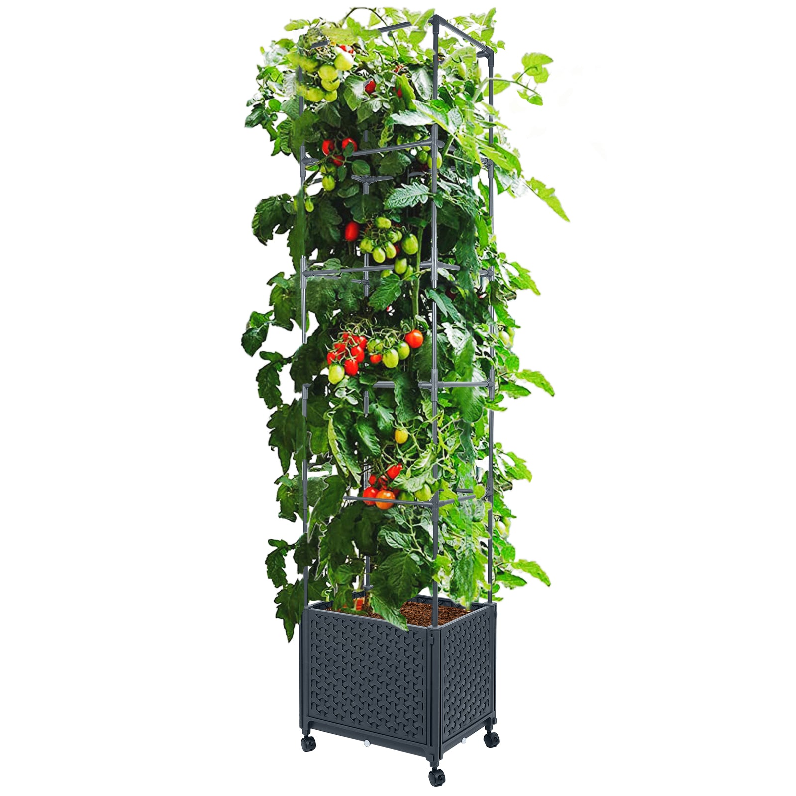 LINEX Raised Garden Bed Planter Box with Trellis,  Tomato Planters for Climbing Plants Vegetable Vine Flowers Outdoor Patio, Tomatoes Cage w/Self-watering & Wheels