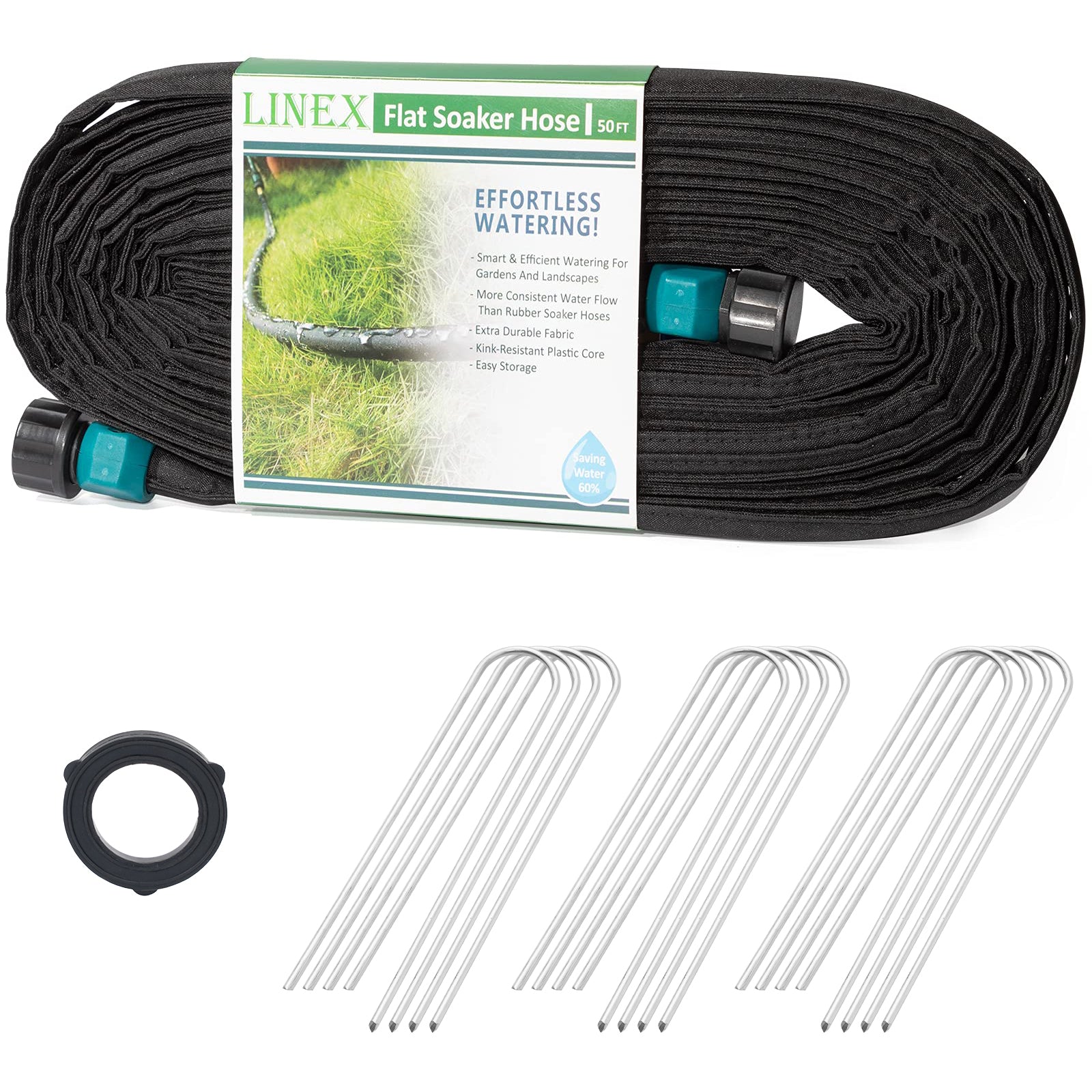 LINEX Garden Flat Soaker Hose with Stake for Garden Beds Drip Sprinkler Hoses Heavy Duty Save Water 80%